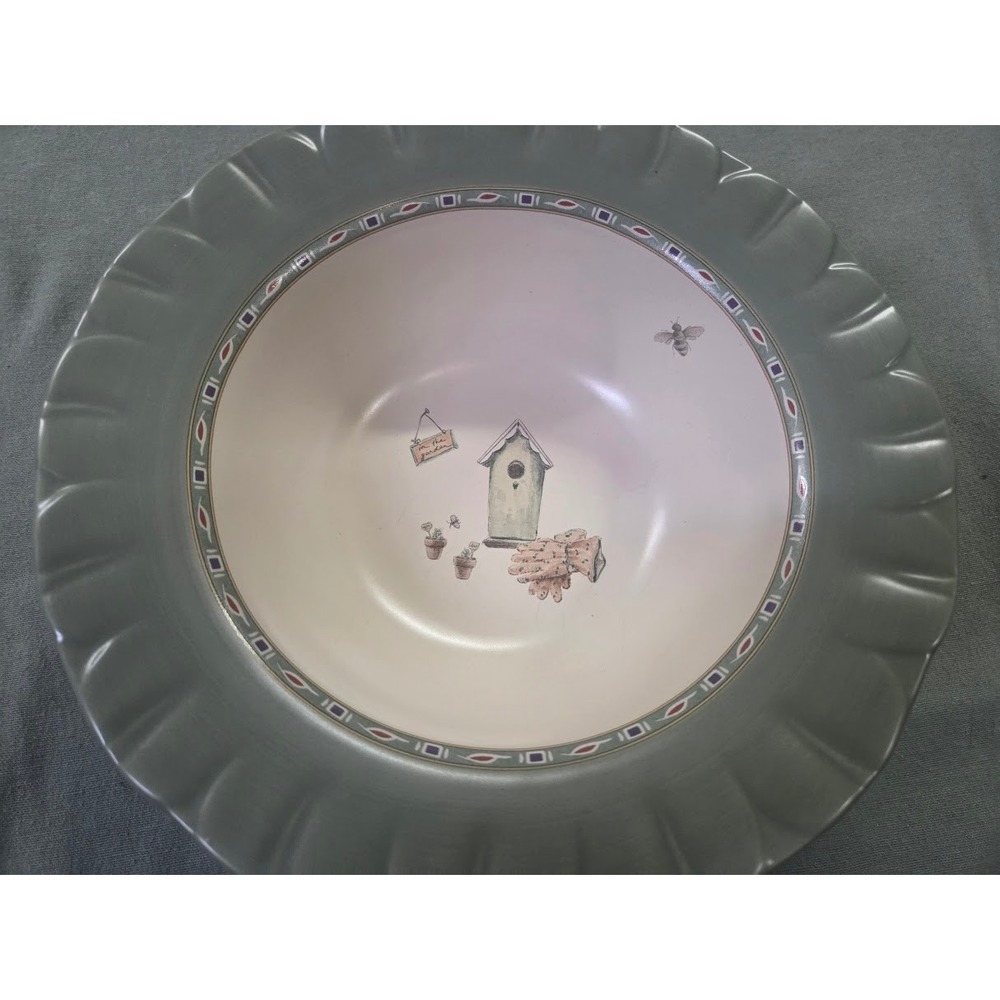 Pfaltzgraff Naturewood Pasta Bowl Garden Birdhouse Bee Sage Green Rim Ceramic
